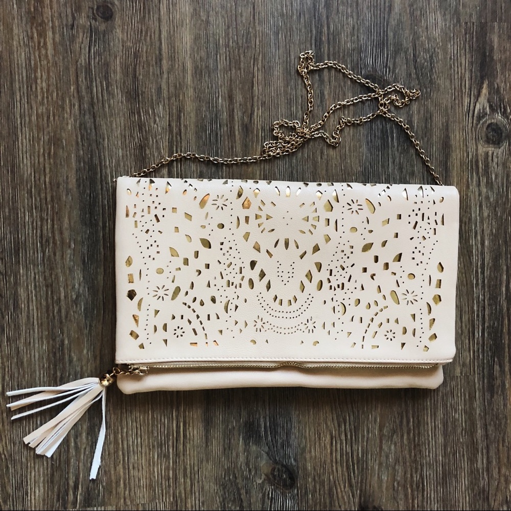 vintage gold and tan laser-cut purse